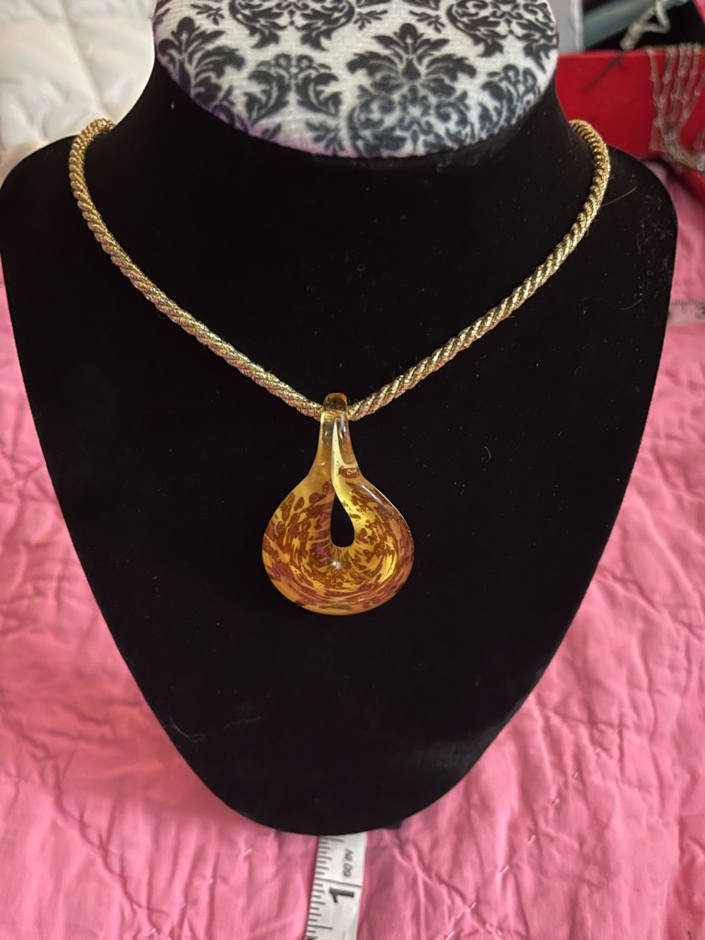 Murano Amber Glass Teardrop Pendant Necklace with Gold-Tone Rope Chain